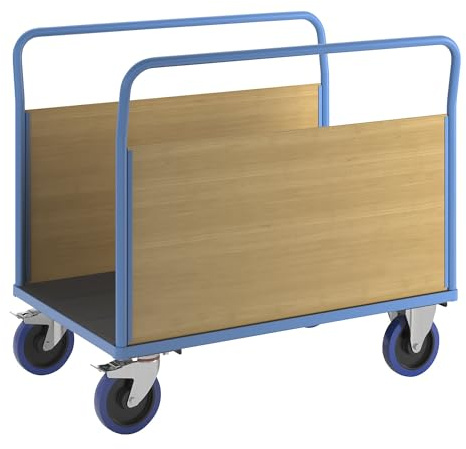 eurokraft pro | Plattformwagen mit Holzwänden | Mit 2 hohen Längswänden, LxB 1250 x 870 mm, Vollelastik