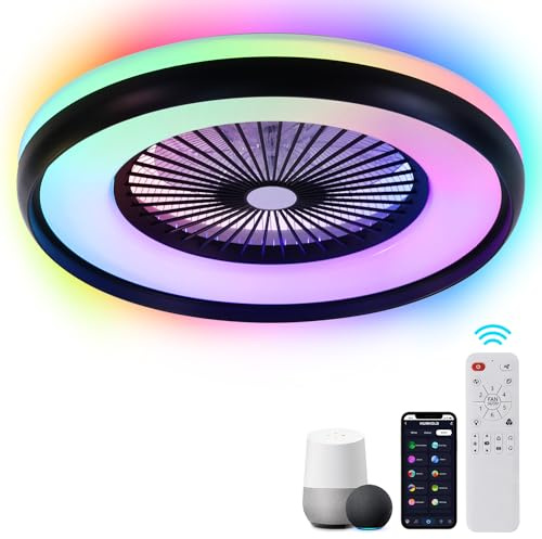 HUMHOLD 24 Low Profile Ceiling Fan with RGB Light, Smart Ceiling Fans with Alexa/Google Assistant/App Control, Modern Bladeless Dimmable LED Ceiling Fan for Bedroom Living Room Party Black