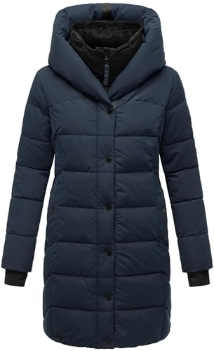 Navahoo Damvinterkappa, varm quiltad kappa, lång med huva och avtagbar fleecekrage, godsel, XS-XXL, marinblå, M