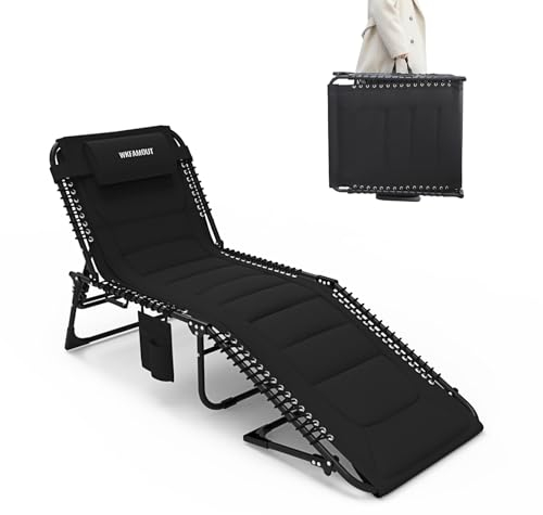WKFAMOUT Sonnenliege Klappbar Gartenliege 5 Verstellbarer Rückenlehne Outdoor Faltbar Dreibeinliege Strandliege Campingbett bis 120KG mit Kissen Seitentasche 190x59CM Schwarz