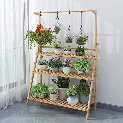 Plant Stand Ladder ​Plant Holder 3-Tier Bamboo Planter Holder Flower Pot Display Shelf, Folding Flower Rack Hanging Plant Holder Stand Indoor Outdoor for Home Storing Plants Flowers