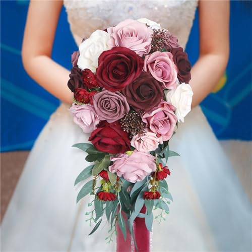 ZDRGE-AF Hochzeitssträuße für Braut, künstlicher staubiger blauer Rosen-Brautstrauß, romantischer Kaskadenstrauß für Hochzeitszeremonie, Jahrestag, Kirchendekoration, Wurfstrauß (rot)