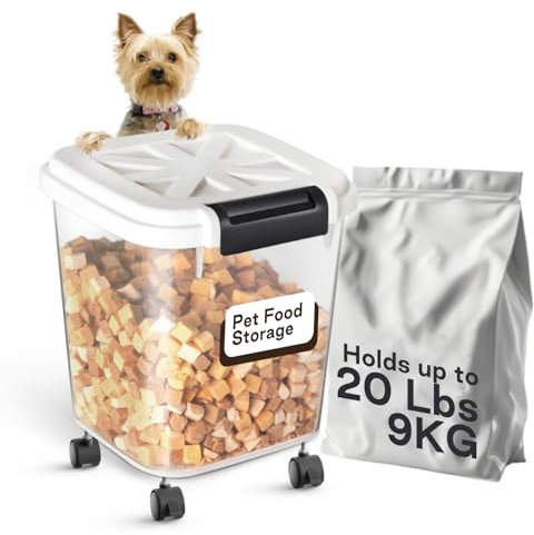 LivLab Mker Large Rice Storage Container 20 lbs, Airtight Pet/Cat Treat Storage Bin with Lids, Attachable Wheels, Great for Flour & Rice, Easy Mobility, BPA Free, White