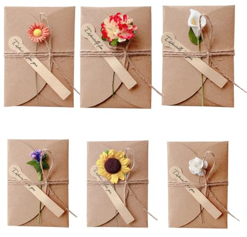 VODAFQS 6 Stück Grußkarte Set Blanko Handgemachte Retro Kraftpapier Karte und Umschlag Blanko mit Getrocknete Blumen für Erntedankfest Valentinstag Muttertag Zwei Größen