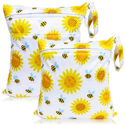 HOTLIKE Wetbag Kindergarten Groß, 2 Stück Nasstaschen Windeltasche, Wiederverwendbarem Wasserdicht Waschbar Nassbeutel Organiser mit Reißverschluss für Baby Kleinkind Reisen Gym (Sonnenblume)