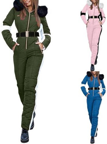 Damen Rock Anzüge - Schnee Overall Damen, Wone-Piece Warm Schneeanzug Damen Ski Overalls, Winter Warm Schnee Skifahren Sets, Damen Winter Warm Reißverschluss Skianzug Abnehmbare Kapuze Schneeanzug für