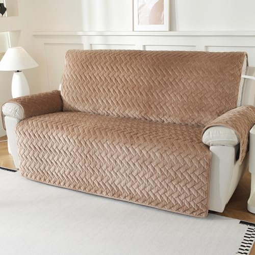 Royhom Flanell Sofa Überzug, Waschbar Sofabezug 3 Sitzer, Sofaschoner rutschfest für Leder-Couch und Stoffsofas, Weicher Couch Überzug Mit Verstellbarem Elastischer Riemen (Geometrie, Kaffee)