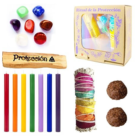 Inciensos Caja de Ritual de Protección, Atado Salvia 7 Chakras, 7 Piedras Naturales, Velas 7 Colores, Bombitas de Defumación Activada, Palo Santo Grabado y Pulsera con Nudos (Ritual de Protección)