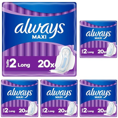 Always Maxi Damenbinden, Größe 2, lang, 20 Binden mit Flügeln, sehr reichlich fließender Tag, sehr saugfähiger Kern und auslaufsichere Barrieren (Packung mit 5)