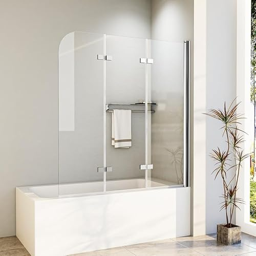 Duschwand für Badewanne 120x140cm 3-Teilig Faltbar Badewannenaufsatz, Duschabtrennung 180° Faltwand, Duschtrennwand aus 6mm NANO Sicherheitsglas, Badewannenfaltwand in Silber Alu