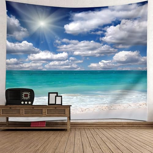 Homxi Wandtuch Psychedelic 150 x 130 CM,Himmel und Sonnenschein Strand Landschaft Polyester Wall Tapestry Deko Kinderzimmer Weiß Blau Grün