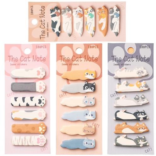 CEJAS 4 Set Haftnotizen, Niedliche Katze Memo Pad, 720 Blätter Sticky Notes Katalog Index Tabs Selbstklebende Registerkarten für Katzenliebhaber Kawaii Schulbedarf Büroartikel