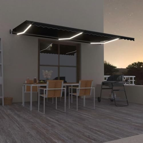 IKAYAA Elektrische Gelenkarmmarkise 600 x 350 cm, mit LED, Markise, Sonnenmarkise, Sonnenschutz, Terrassenmarkise, Klemmmarkise, Anthrazit