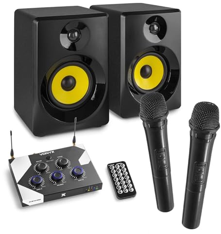 Vonyx AV520 Karaoke Anlage Bluetooth – Mini Soundanlage mit 2 Lautsprechern & 2 Funkmikrofonen – Karaoke Set mit Mixer, Echo, USB-MP3, TV-Anschluss & Fernbedienung – Karaoke System für Zuhause
