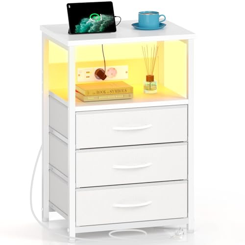 Seventable Table de Chevet Connectée 3 Tiroirs avec Prise USB & LED RGB - Table d'Appoint Multifonction pour Chambre/Salon (1, Blanc)
