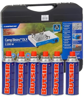 FYSHOP | Pack Camp Bistro DLX Combo Hornillo más 6 botes de gas | Potente hornillo de camping con 6 cartuchos de gas y maletín de transporte. Ideal para senderismo y camping