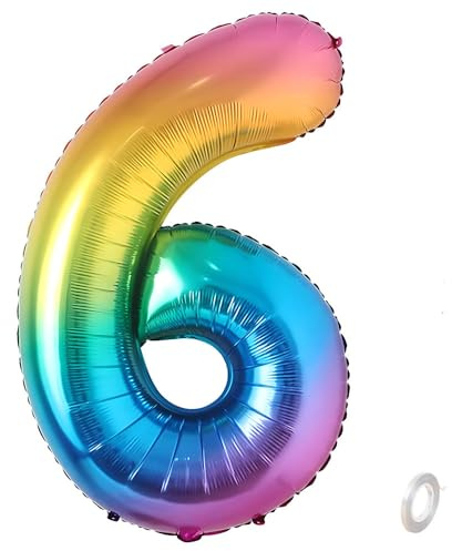 Balorise 40 Inch Giant Aluminum Balloon Rainbow Number 6, Inflatable Helium, Large Number 0-9, 10-100 (101 cm), Foil Balloons Decoration for Birthday Party and Wedding