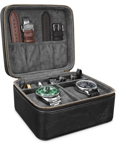 HELMDY Reiseetui für 2 Uhren, Uhrenbox Reise mit Zubehörfach (Schwarz) | Uhrenarmbänder, Ringe, Manschettenknöpfe Aufbewahrung Organizer, PU-Leder Uhrenetui für alle Uhren bis zu 50 mm
