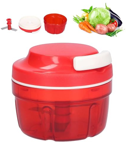 Zwiebelschneider mit Seilzug, Rot, 300ml | Zwiebel Zerkleinerer, Gemüseschneider Manuell, Für Chili, Zwiebel, Karotten, Gemüse