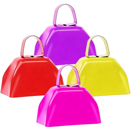 Woowyvyell 4Packs Cow Bells for Football Games, 3inch Hand Percussion Cowbells Noisemakers for Sporting Events Loud Noise Makers Metal Cow Bell with Handle for Cheering Weddings Celebrations Parties