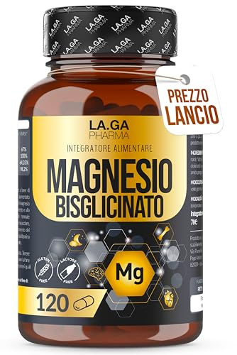 MAGNESIO BISGLICINATO (Fornitura Fino a 4 Mesi), Magnesio Completo 120 Capsule con Vitamine B5, B6 e B1. Integratore Stanchezza e Stress. Senza Glutine e Senza Lattosio, Made In Italy. LAGA PHARMA