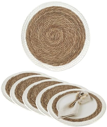 G.schmückt Platzset Boho Rund, Tischset Platzmatte Esstisch, Geflochtene Dekorationsunterlage Tischdeko Seegras, 38cm Weiß 6 Stück
