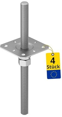 Pfostenträger höhenverstellbar 4er Set - Pfostenträger zum einbetonieren - Stützenfuß - Pfostenanker - Gewindestange M20 - Ankerplatte 80x80 mm - Stützen höhenverstellbar - Anker