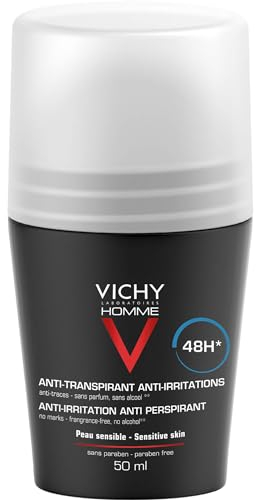 Vichy Homme Deodorante Roll-On da Uomo Antitraspirante, Adatto a Pelli Sensibili, Efficacia 48H, Pelle Fresca, Lenita e Protetta da Cattivi Odori, Con Oligo-Zinco e Acqua Termale di Vichy, 50 ml