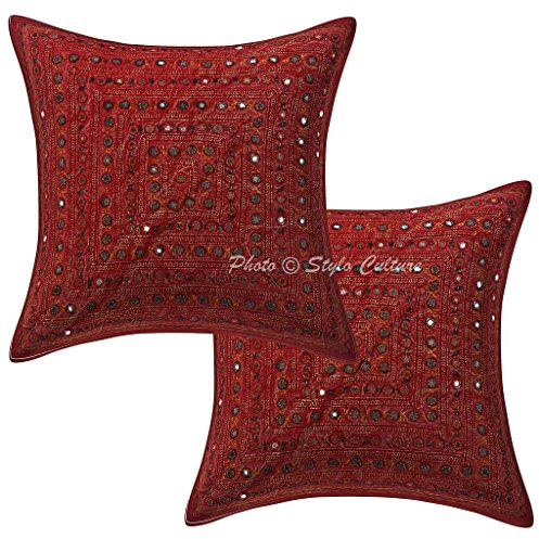 Stylo Culture Boho Forros para Cojines Decorativos 40x40 cm Algodón Geométrico Fundas De Almohadones Sofa Granate Encaje De Espejo Bordado Cuadrado sobre Fundas De Almohadones para Cama - 2 Pcs