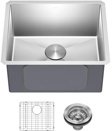 Kraus KHU101-21 Standart PRO 16 Gauge Undermount Single Bowl Set (4 Item Bundle: Sink, Bottom Grid, Drain Assembly, Kitchen Towel), 21 Inch, Stainless Steel