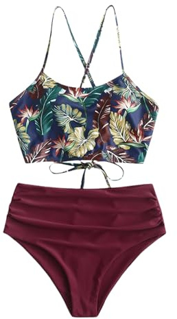 ZAFUL Women's Retro Floral Crisscross Ruched High Waisted Bottom Bikini Set Two Piece Bathing Suits Swimsuit Tankini,M