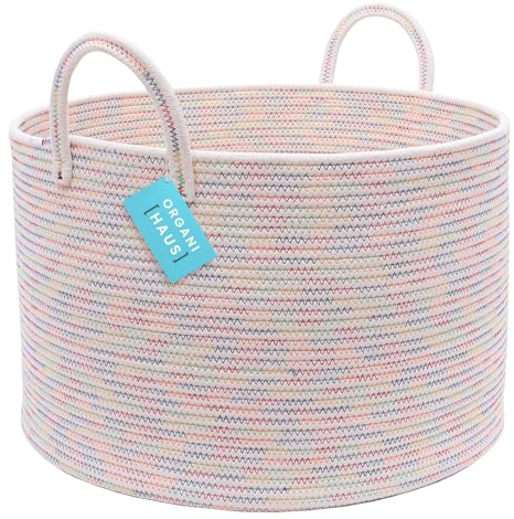 OrganiHaus Large Woven Storage Basket for Blankets and Toys 20 x 13 Inch, Rope Laundry Basket with Handles, Cushions & Pillows Storage Bin, Nursery Hamper, Soft Round Dog Toy Bin - Rainbow Stitches