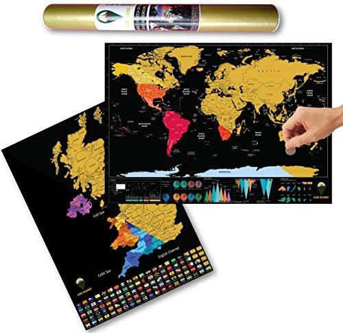 Global Walkabout Weltkarte zum Rubbeln und UK mit farbigem Hintergrund, Deluxe-Weltkarte in Reisegröße und UK-Karte, Länder und Fakten, Reise-Geschenk (schwarz)