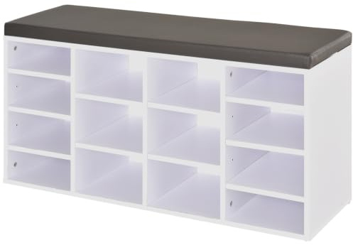 HOMCOM Shoe Bench with 14 Open Compartments, Padded Seat, White | Shoe Stoarge Rack with Adjustable Shelves, Living Room, Hallway, Home Office Tidy Organisation, Boots, Trainers, Solid Frame