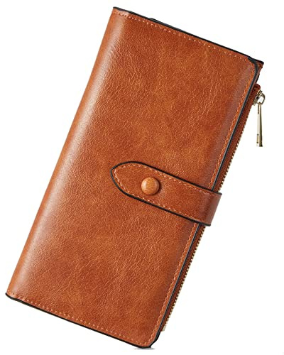BOSTANTEN Leather Wallets RFID Blocking Large Capacity Trifold Card Holder Ladies Phone Clutch Brown