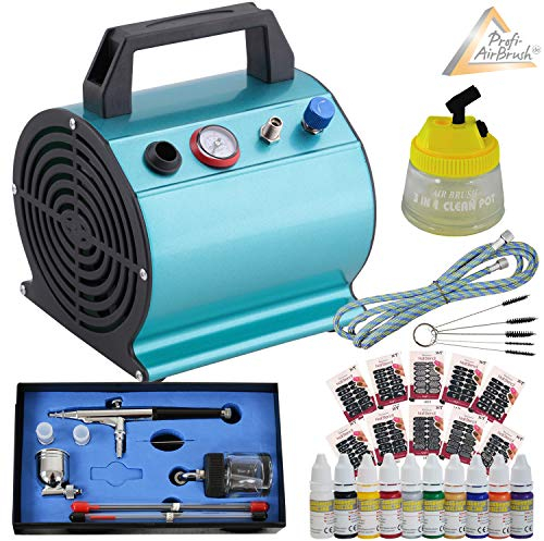 Airbrush Kompressor Set mit Farben Beauty II Nail Set - Komplett Set mit Airbrush Kompressor Airbrush Pistole mit 3 Düsen selbstklebende Schablonen und 10 Farben Cleaning Pot und Airbrush-Bürsten