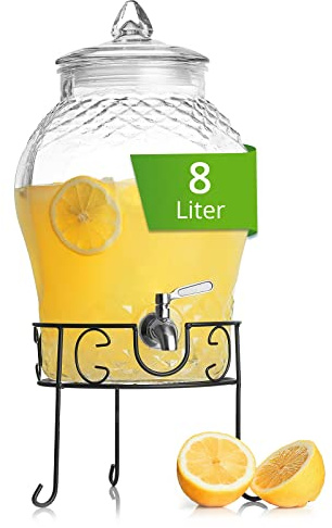 Astor24 Glaskaraffe - Getränkespender mit Edelstahl Zapfhahn und Ständer- 8 Liter - Wasserspender - Karaffe für Bowle und Cocktails - Limonadenspender aus Glas - Glasfass