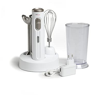 Melchioni Family | Mixeur Plongeant MIXXXO TOPCLASS, Sans Fil et Rechargeable, avec 2 Vitesses, Maniable et Ergonomique, Livré avec Batteur, Verre et Base, Fouet et Lames en Acier, 200W