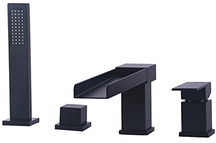 Ksunun 4 Loch Badewannenarmatur Heißes und Kaltes Wasser Wannenrandarmatur Wasserfall Wannenarmatur Messing Badewanne Wasserhahn Einhebel Wannenmischer mit Handbrause und Brauseschlauch,Matt Black
