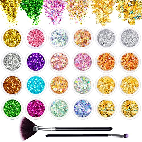 24 Farben Glitzer Set mit Blattgold und Glitzerpulver, Nageldesign Zubehör Pailletten Basteln Nail Art Glitter mit Pinsel für Nägel Gesicht Körper DIY Nagelkunst Make up