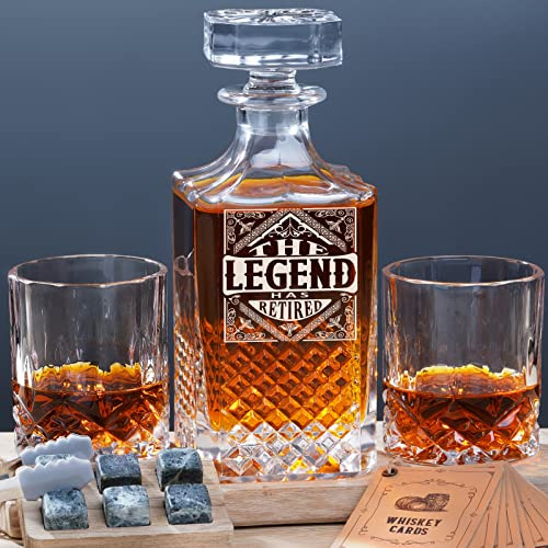 PONPUR The Legend Has Retired 2026 Retirement Gifts for Men Women, Whiskey Decanter Gift Set with 2 Whisky Glasses, Best Christmas Birthday Presents for Dad Coworkers Teacher