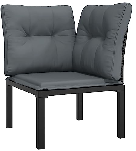 vidaXL Garten Eckstuhl, Sessel mit 1 Sitzkissen 2 Rückenkissen, Gartenstuhl mit Stahlrahmen, Gartensessel Outdoor Stuhl, Schwarz Grau Poly Rattan