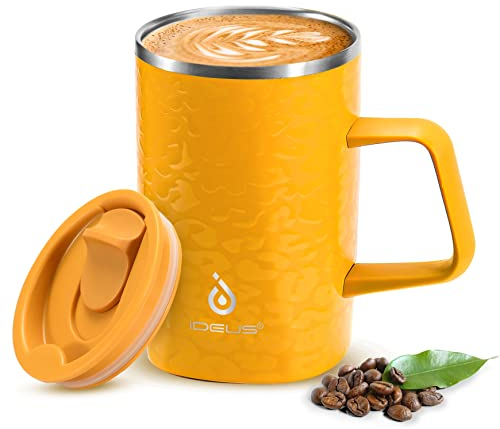 Ideus Vacuum Insulated Coffee Mug, 16oz Reusable Stainless Steel Thermal Double Walled Cup with Handle and Slider Lid for Hot & Cold Beverages, BPA Free (Leapord Honey)