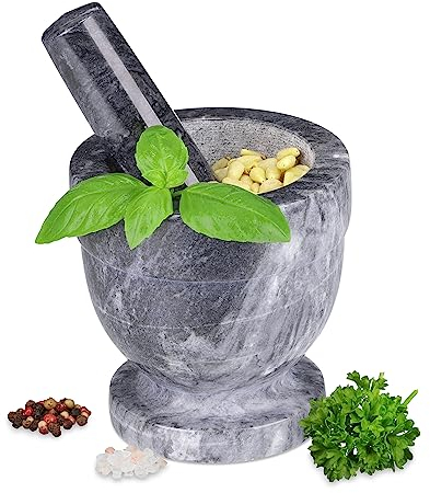Relaxdays Mörser mit Stößel, aus Marmor, runder Steinmörser, Ø 10,5 cm, Gewürze & Kräuter, Schwerer Gewürzmörser, grau