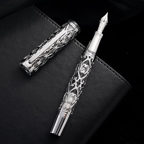 Hongdian D1 - Penna stilografica a stantuffo, pennino extra fine, scheletro cavo e penna in resina, set con custodia in metallo (argento)