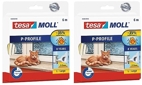 tesamoll P-Profil Gummidichtung - Selbstklebende Dichtung zum Isolieren von Spalten an Fenstern und Türen - Weiß - 6 m x 9 mm x 5,5 mm (Packung mit 2)