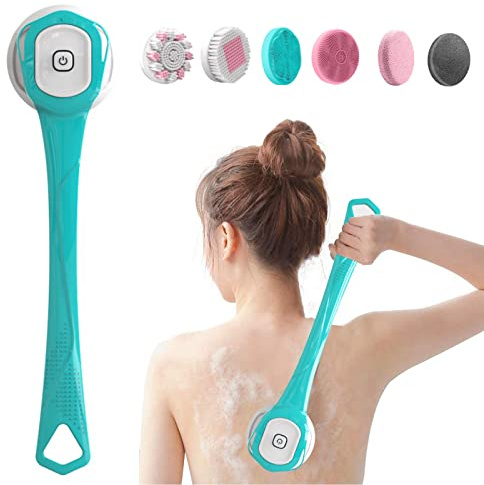 Elektrische Duschbürste,Körperbürste Elektrische Rückenbürste mit Langer Griff,Rückenbürste Dusche Massagebürste mit 6 Reinigungsköpfen,Badebürste für Spa Dusche Peeling Massagebürste (Blau)