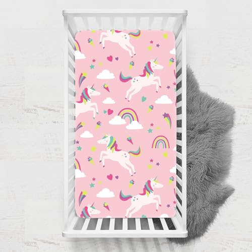 Odot Spannbettlaken für Kinderbett, Einhorn Druck Kinderwagen Matratzenbezug, Weiche Babybett Spannbetttuch Stubenwagen Bezug, Beistellbett Spannbettlaken (80x160 cm,Rosa)