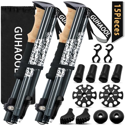 GUHAOOL Wanderstöcke Trekkingstöcke,Teleskop Wanderstöcke Carbon & Aluminium mit Korkgriff, Nordic Walking Stöcke, Verstellbar 108-139cm und Klemmverschluss mit 5 Paar Gummipuffers für Trekking