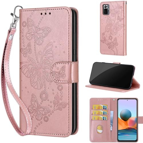 Handyhülle für Xiaomi Redmi Note 10 Pro Hülle, Schmetterling Roségold | Stoßfeste Flip Schutzhülle, Kartenfächer, Standfunktion,Magnetisch, Kunstleder, Klappbar Brieftasche